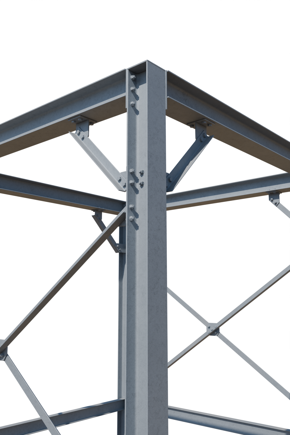 Nœud de charpente métallisé au zinc-aluminium, gris bleuté.