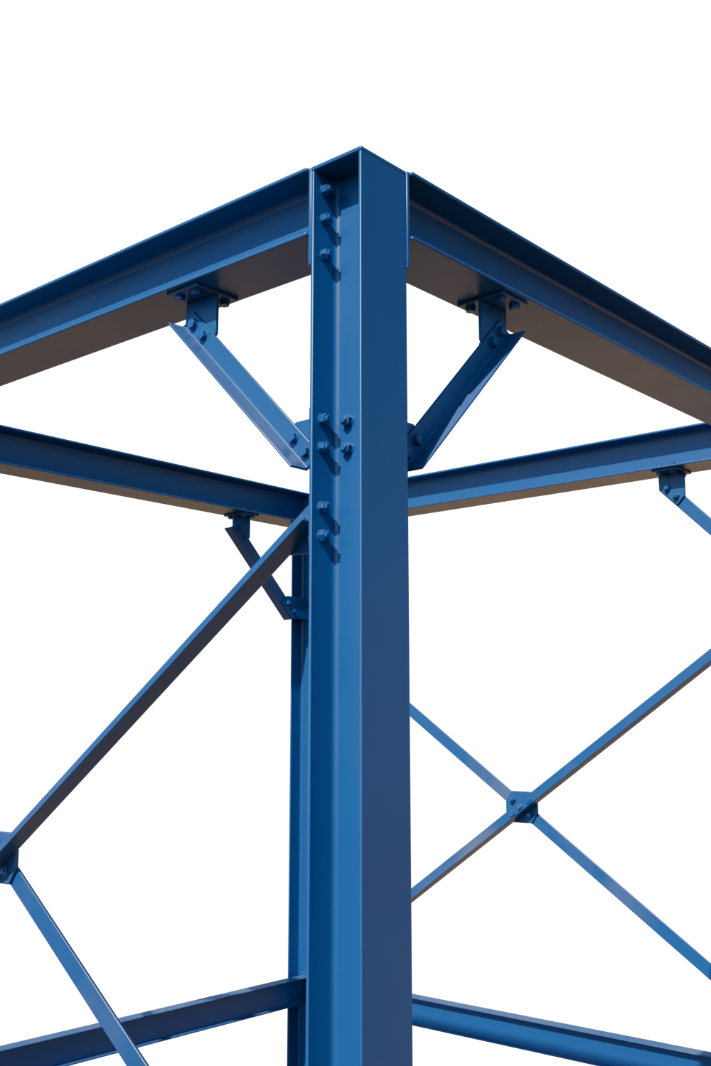 Nœud de charpente métallique peint en bleu gentiane, RAL 5010.