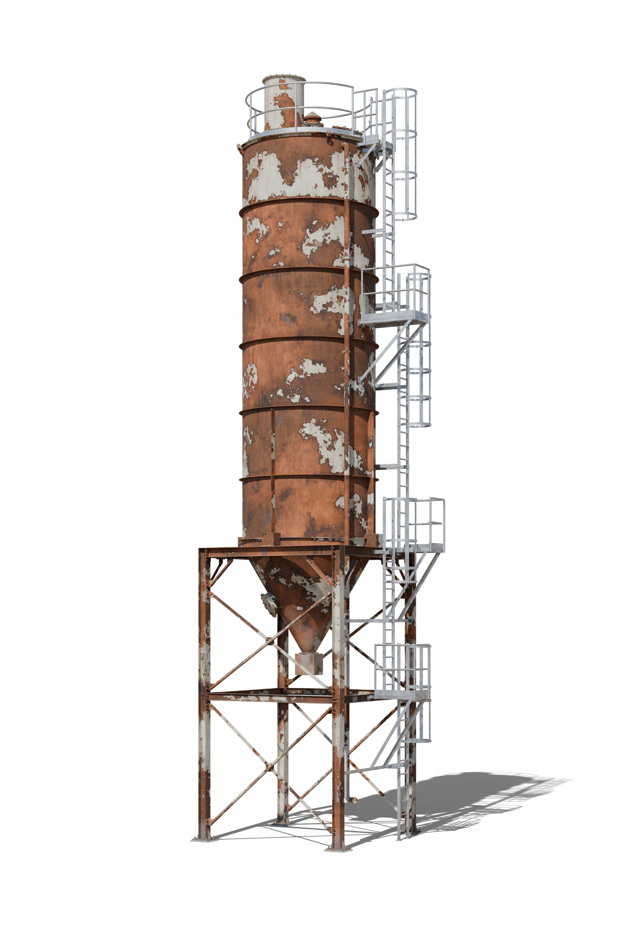 Silo métallique sur sa charpente, état initial : acier rouillé, ancienne peinture écaillée.