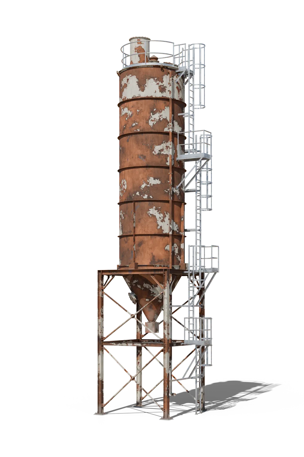 Silo métallique sur sa charpente, état initial : acier rouillé, ancienne peinture écaillée.