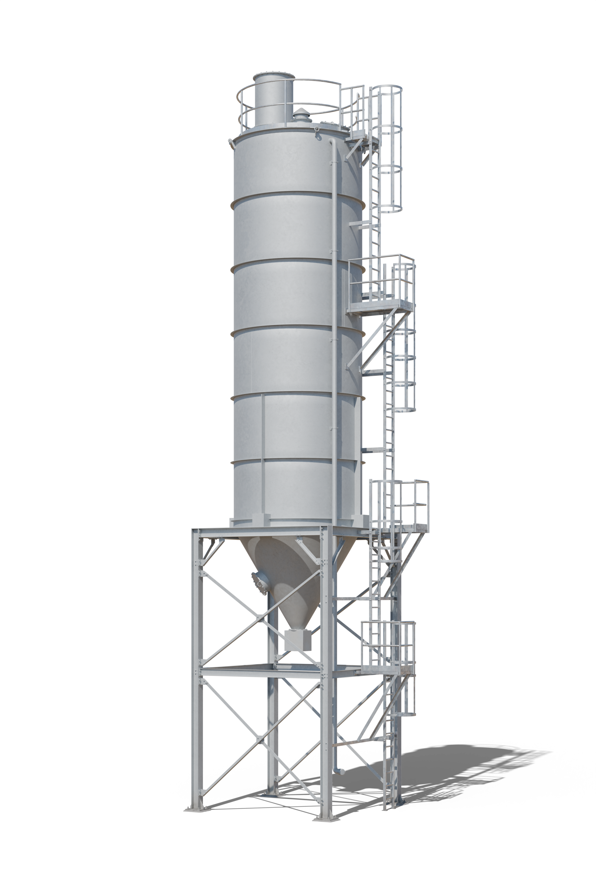 Le même silo après sablage : métal mis à nu, gris clair.