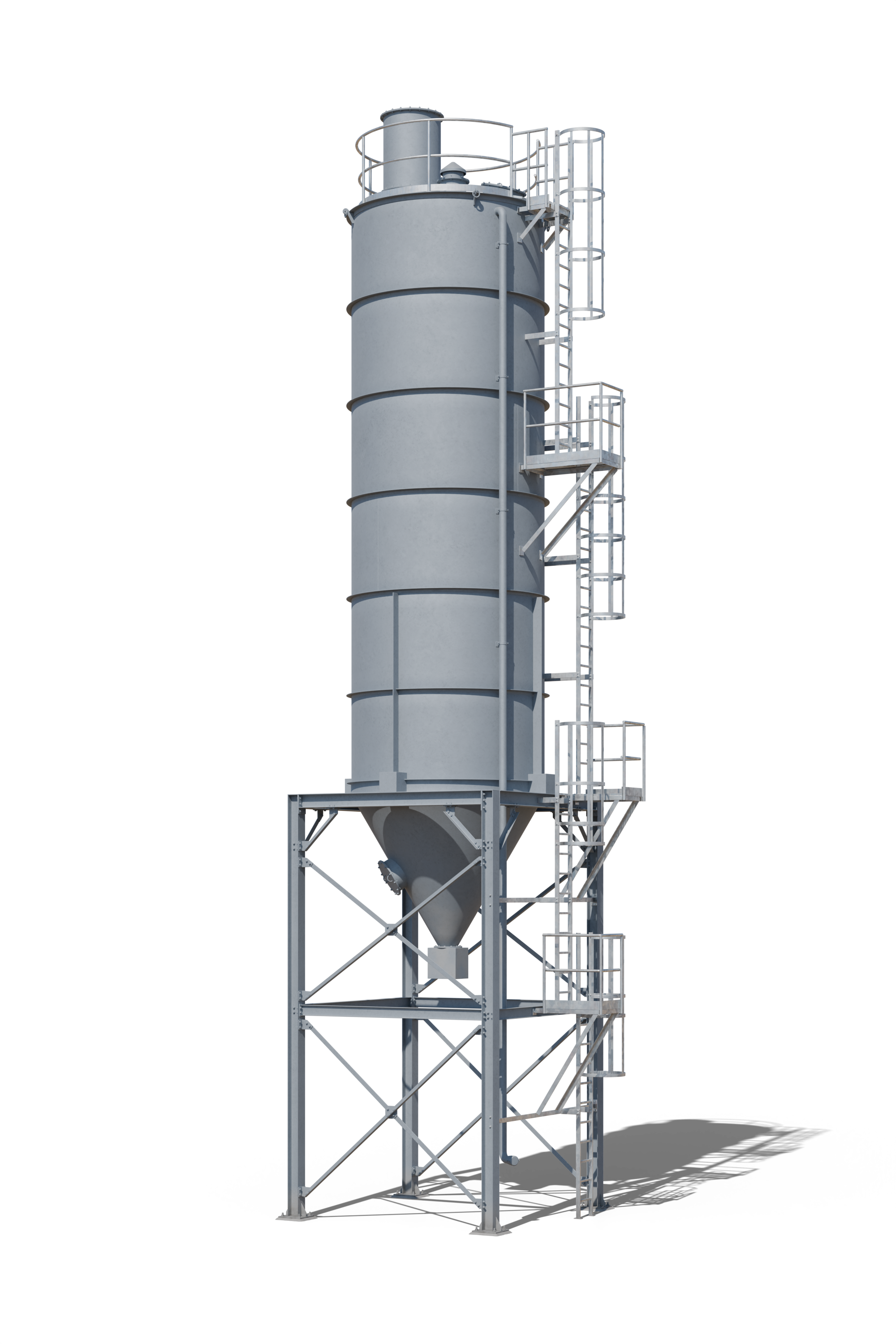 Le même silo après métallisation : revêtement de zinc gris bleuté.
