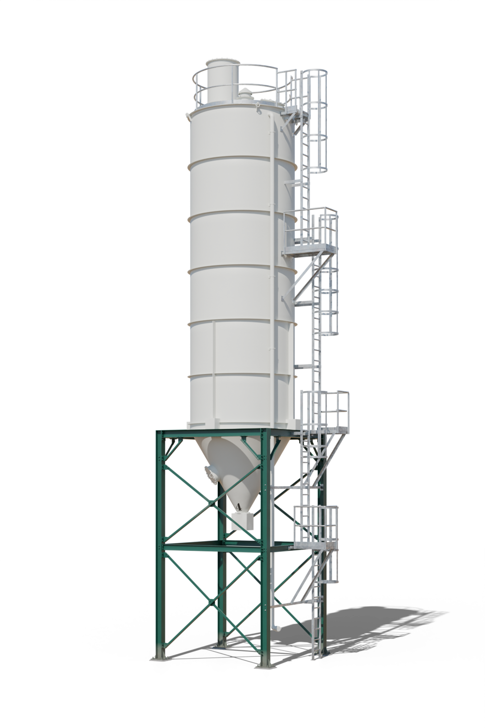 Le silo en blanc gris, RAL 9002, sur une charpente vert mousse, RAL 6005.
